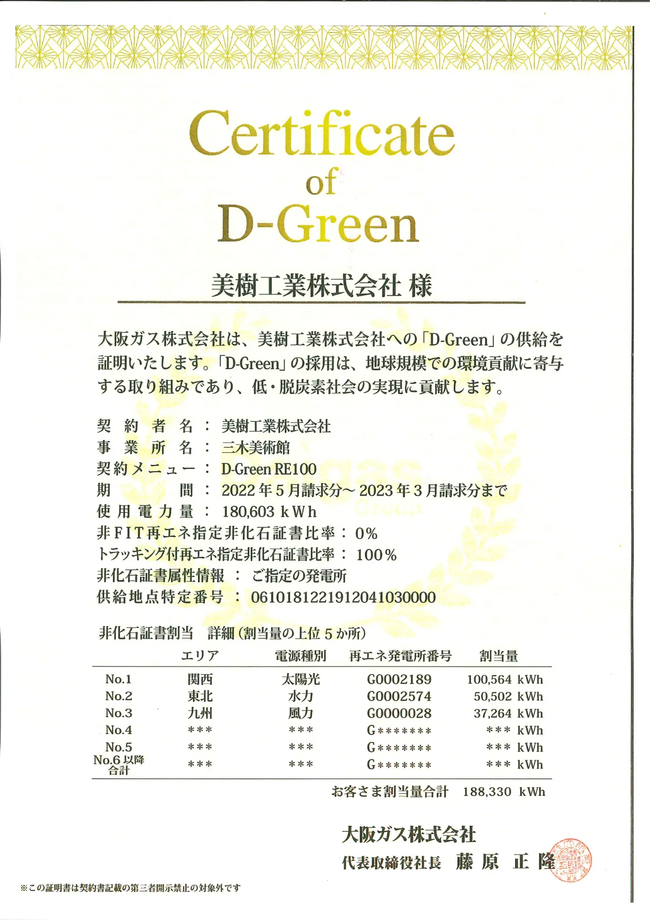 読み物（再エネ電気の需給『D-Green』の供給の証明書が発行されました