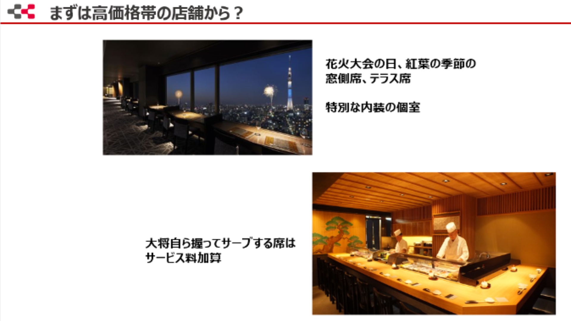 景観の良い席や、寿司屋の大将が自ら握るなど高価格帯の店舗の取り組みを説明