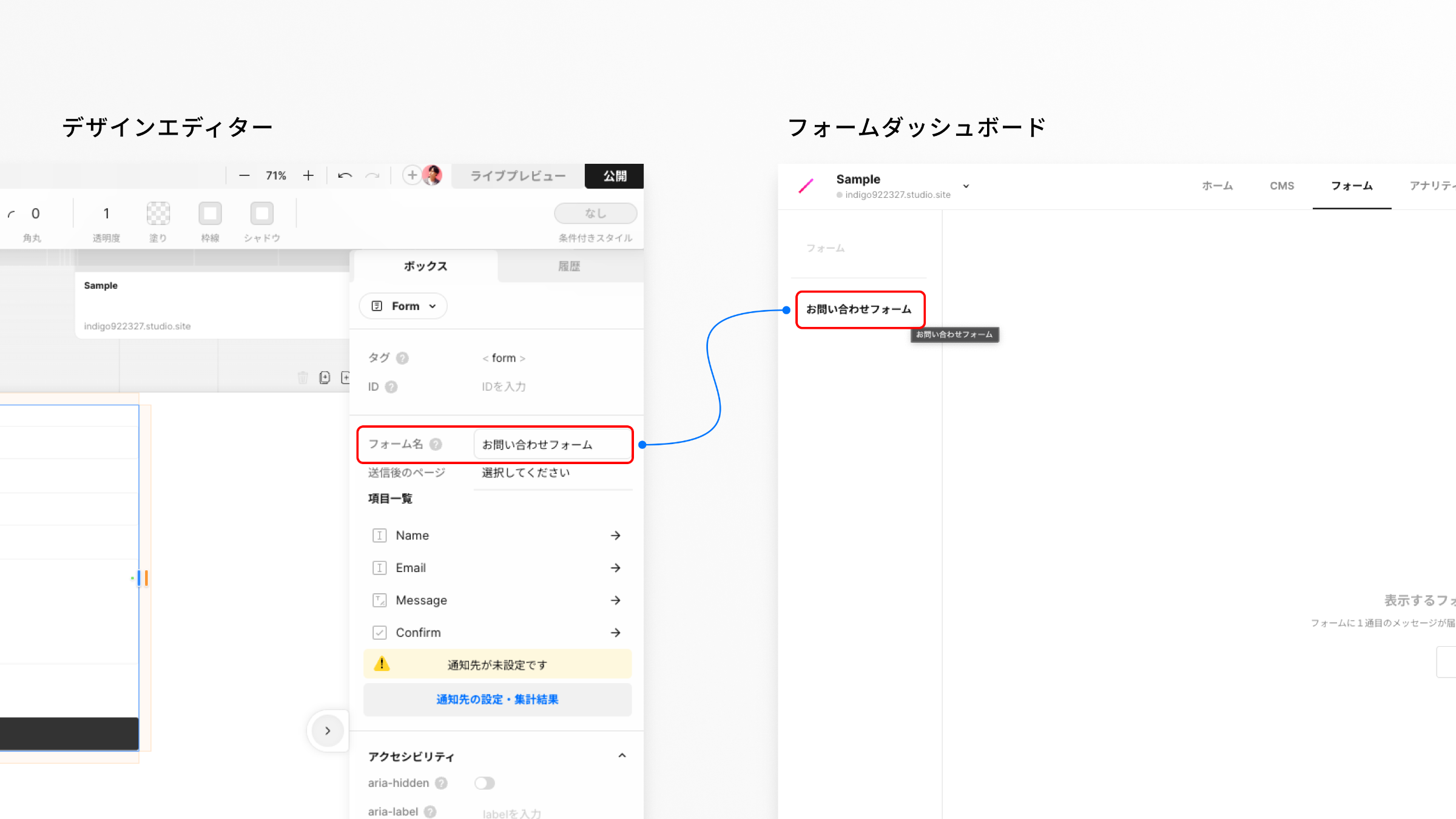 イメージ画像:デザインエディタとフォームダッシュボードのフォーム名連携