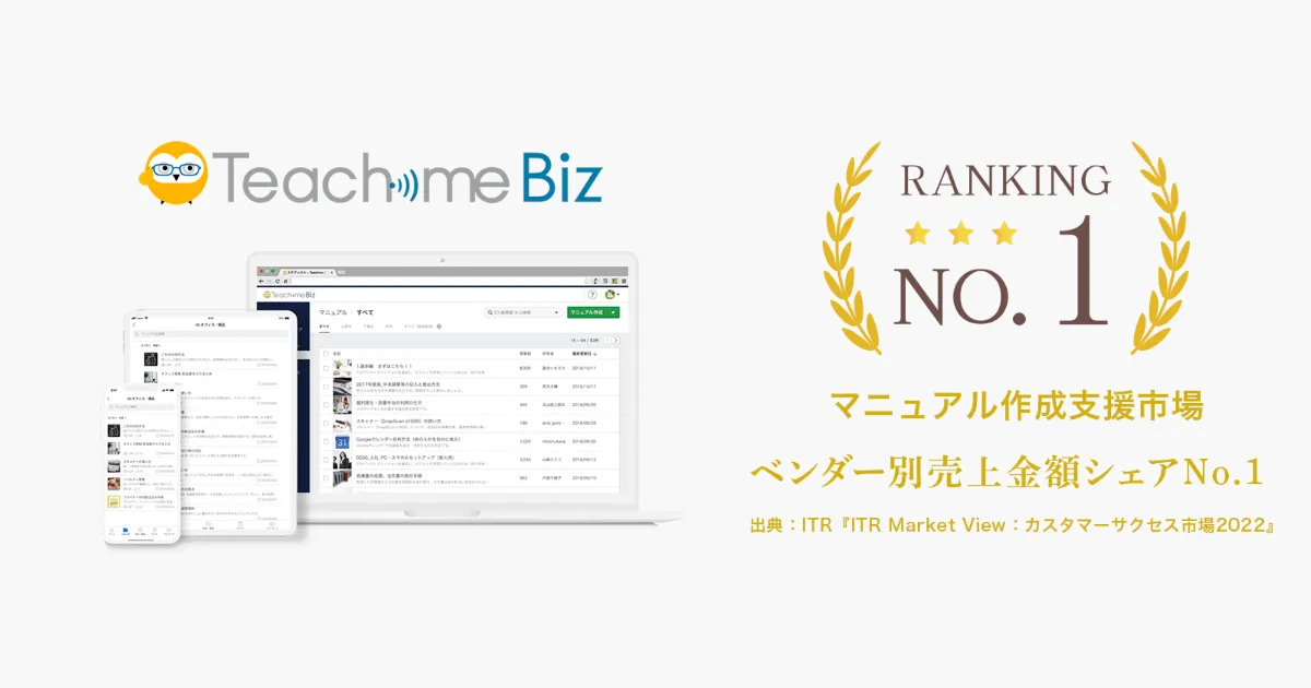 Teachme Biz」がマニュアル作成支援市場で2年連続シェアNo.1