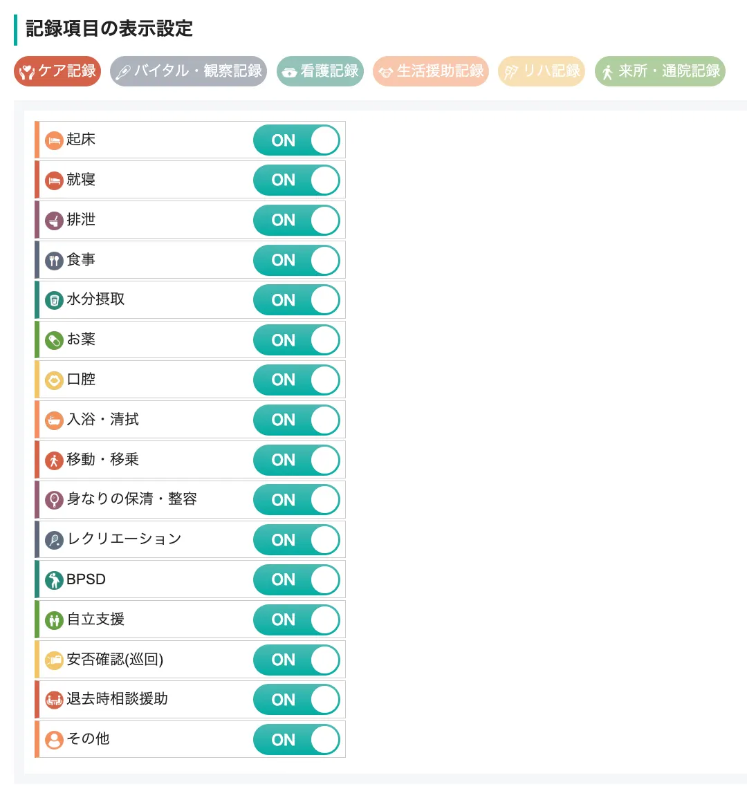 表示する記録項目のONOFF設定