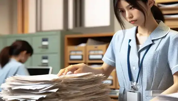紙の記録の多さに悩む職員