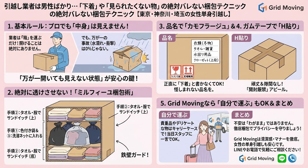 引越し業者は男性ばかり…「下着」や「見られたくない物」の絶対バレない梱包テクニックの記事をイラストで解説画像