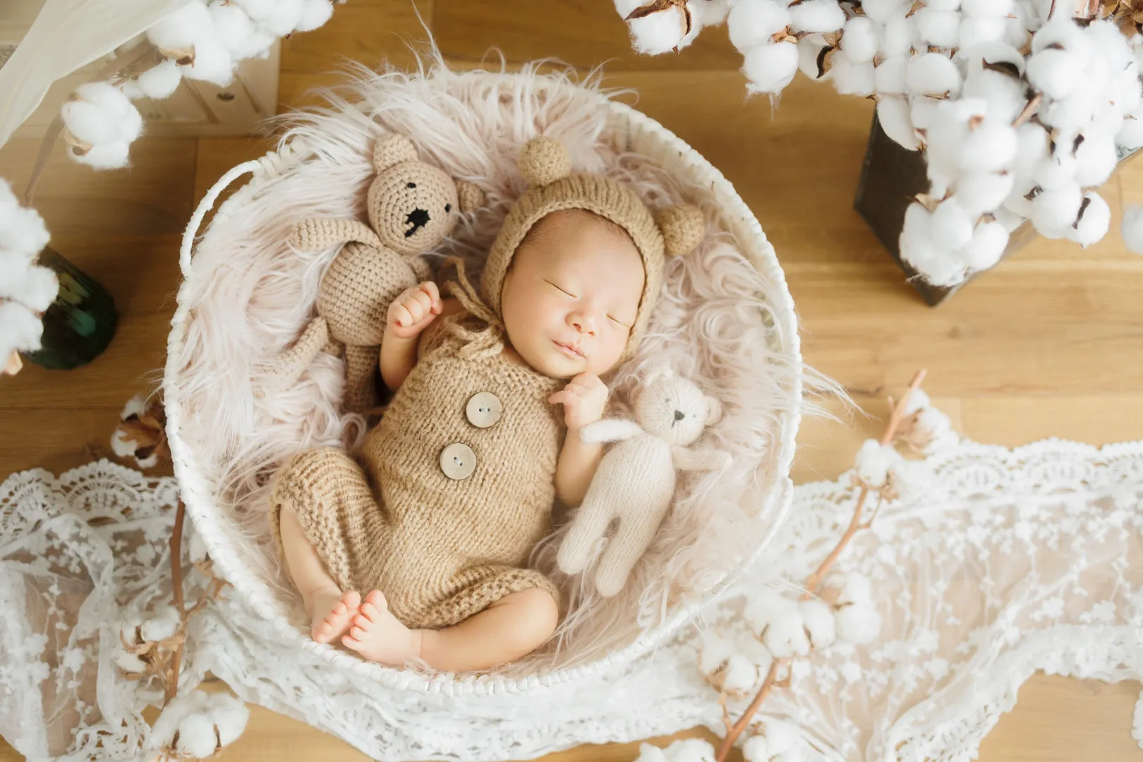 くまの衣装を着てカゴの中で眠る新生児の男の子のニューボーンフォト(能美市)|ヤマダフォト