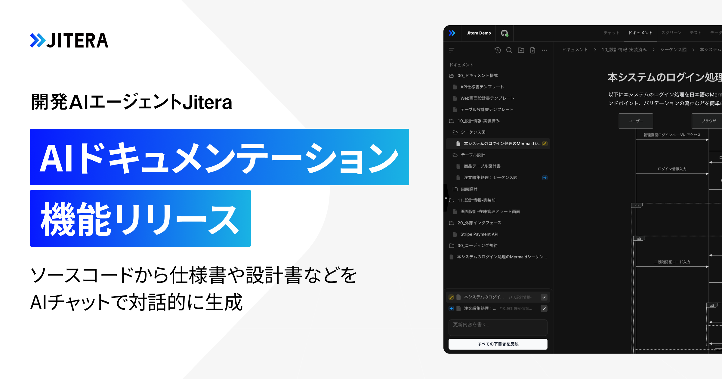 開発AIエージェント「Jitera」、ソースコードから仕様書や設計書などを