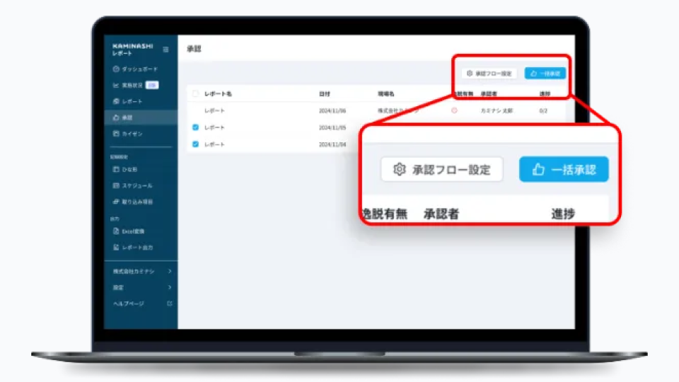 記録内容の自動チェック後、システム上で一括承認が可能となり、確認工数を大幅に削減