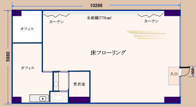 レンタルスタジオフロア図 キッズダンス・ヨガ・ピラティス・フラダンスなどで使用されています 横浜市青葉区あざみ野にあるレンタルスタジオラ・フォルトゥーナ