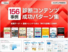 156事例を収録した「診断コンテンツ 成功パターン集」の赤い表紙と、実績データや事例が記載されたスライド資料の中面プレビュー画像