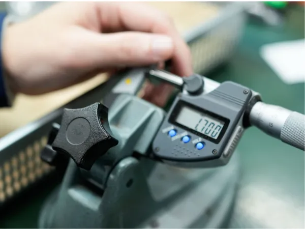 測定機器を使用して加工部品の精度検査を行っている様子