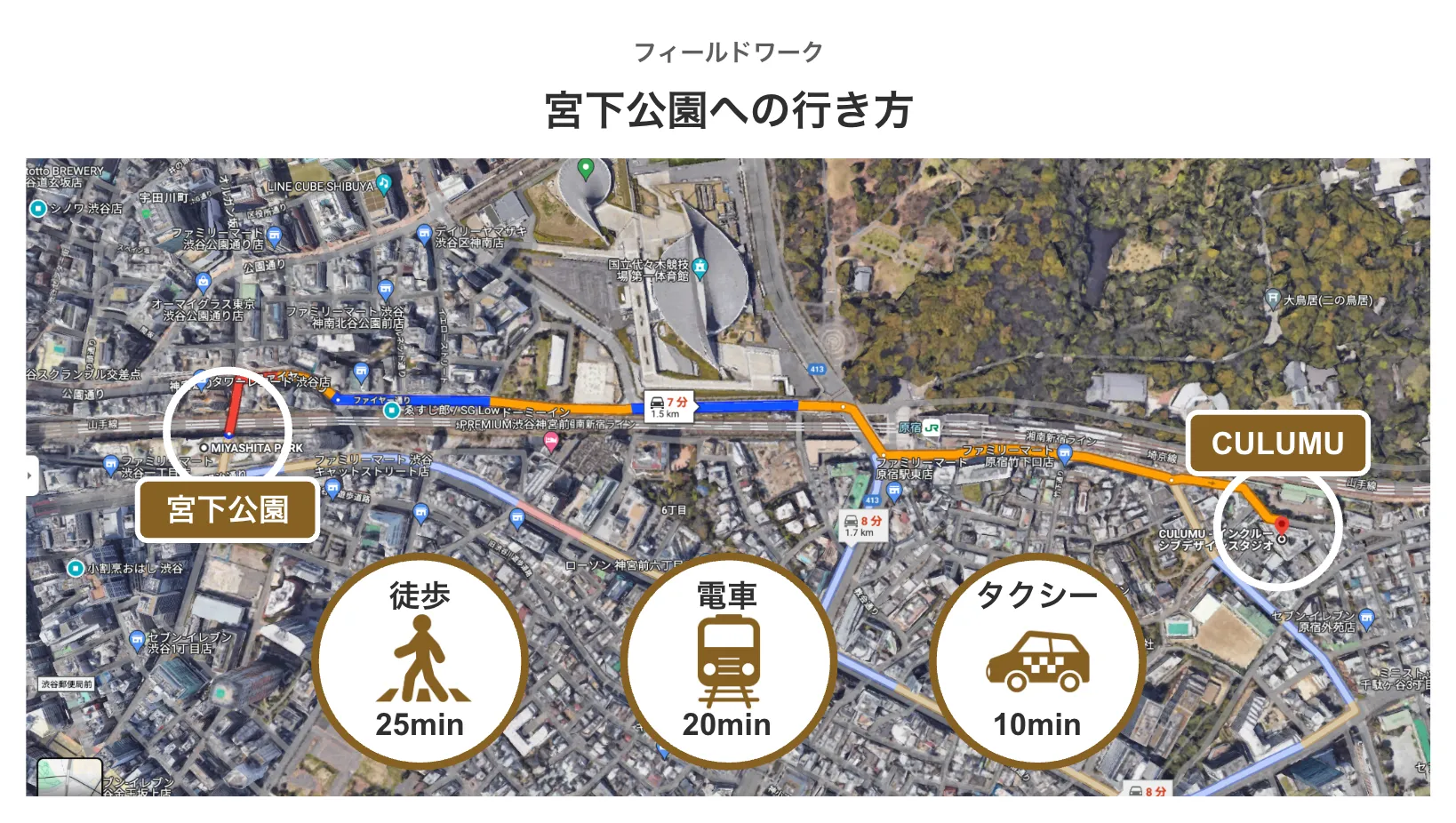 原宿の会場から宮下公園への行き方を示すマップ