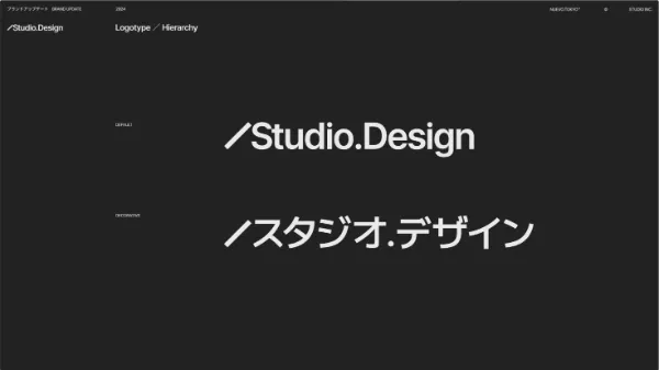 ロゴサンプル:Logotype/Hierarchy。Studio .DesignロゴのDefault、Decorative展開が示されている。