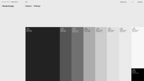 Colours/Primary SG1,#222222から、SG8,#F7F7F7まで、8段階のグレーが定義されている。