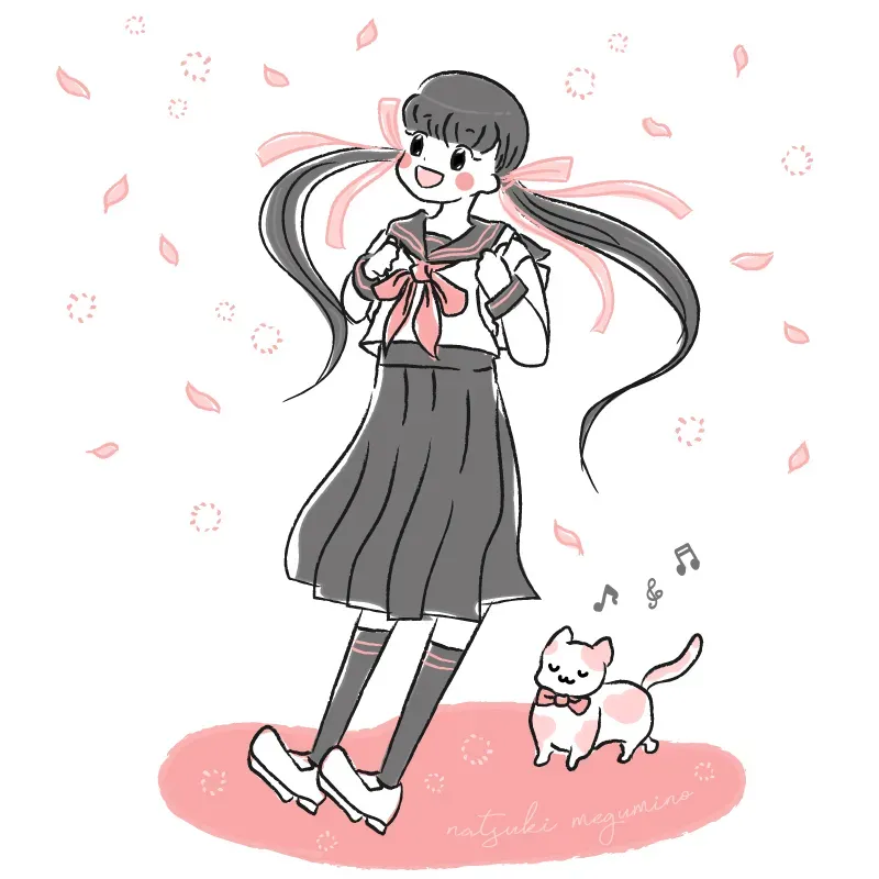 イラストレーター恵野なつきの創作イラスト「春が近い女学生と猫のハルチカ」