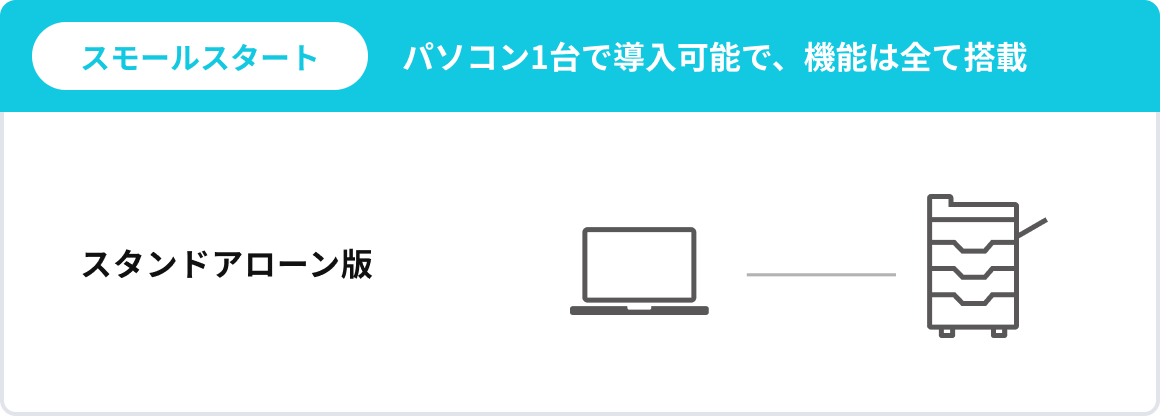 スタンドアローン版：パソコン1台で導入可能で、機能は全て搭載