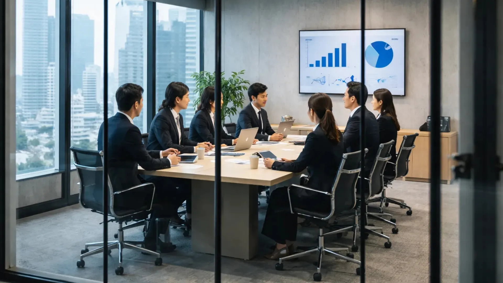 会議室で業績グラフを映しながら、営業や関連部門のメンバーがアカウントプランについて打ち合わせをしている様子