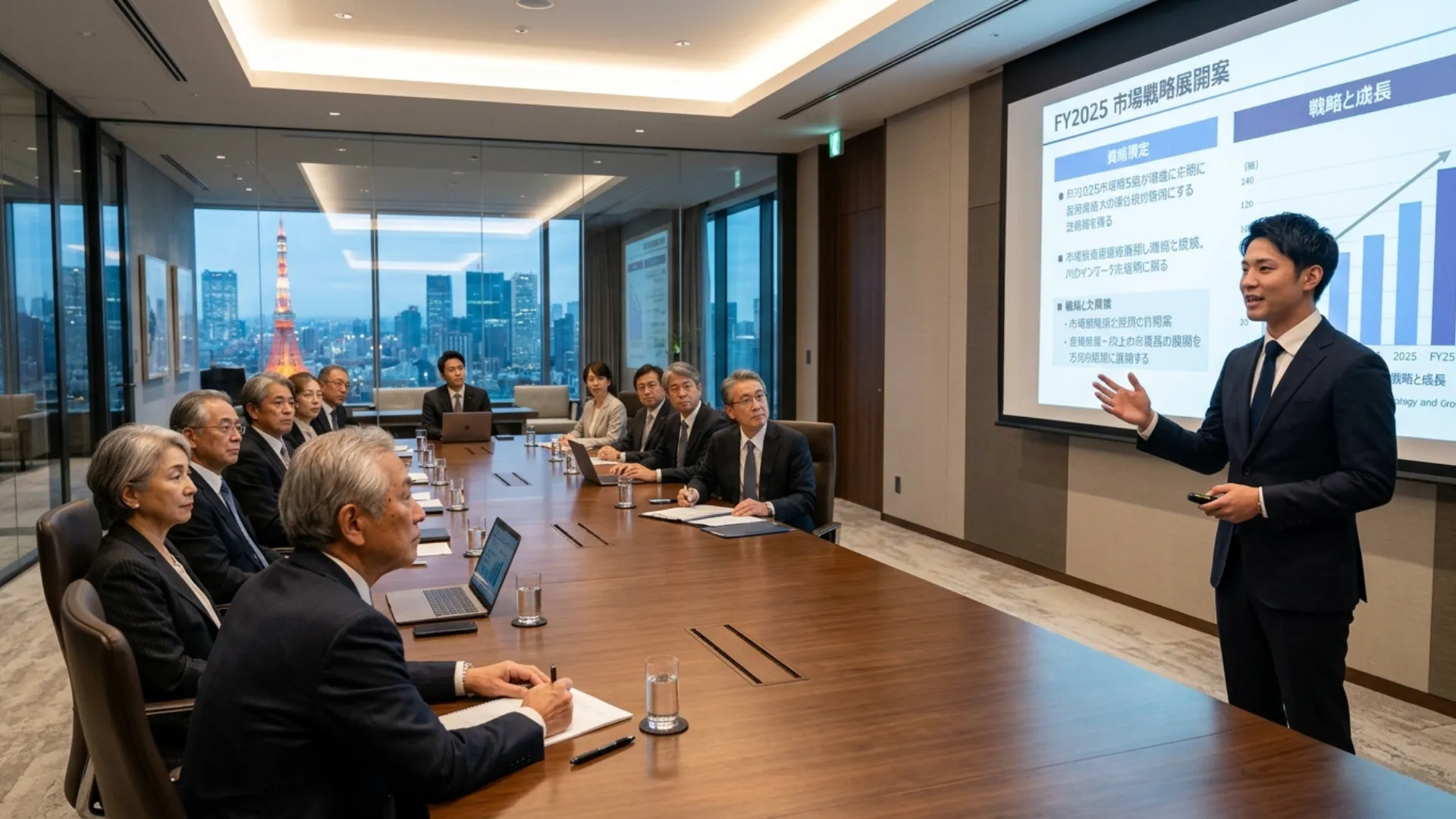 大型モニターの前でプレゼンをするビジネスパーソン。関連部門や経営層にプロジェクトを説明しているイメージ。