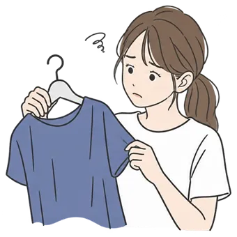 着られなくなった服を手に、困っている女性のイラスト