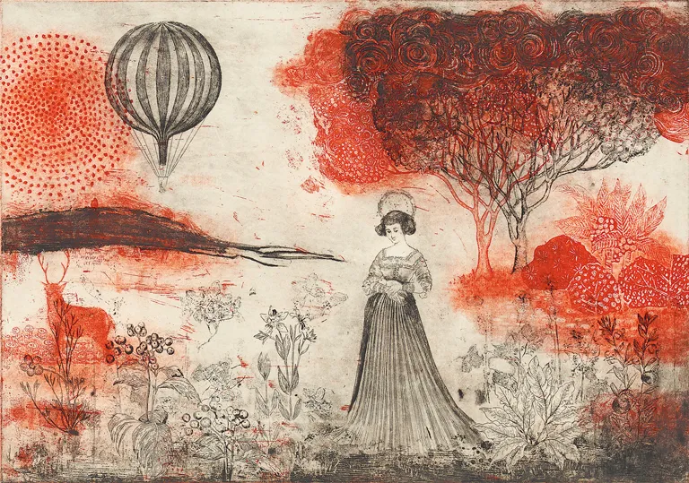 【伊藤勉黄】木版画 「花摘み人形」（額装／画家）版画家・日本版画協会会員 第88回受賞者｜日本版画協会