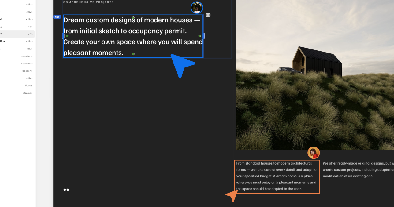 サンプル画像：複数のテキストボックスと、草原に立つ家の写真で構成されたページを、2人のユーザーが編集している様子。左上のテキストボックスは青色の枠で、右下のテキストボックスはオレンジ色の枠で囲まれ、それぞれ編集中であることを示す矢印とユーザーアイコンが重なって表示されている。