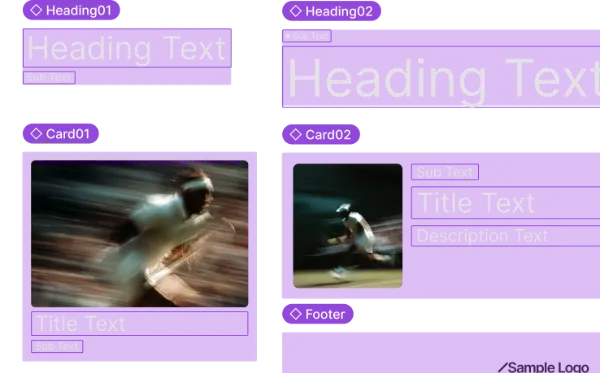 サンプル画像：コンポーネントの例。上段に2種類の見出しブロック、下段に2種類のカードが配置されている。それぞれ、紫色の枠で囲まれ、左上にはコンポーネント名である「Heading01」、「Heading02」、「Card01」、「Card02」の文字が表示されている。
