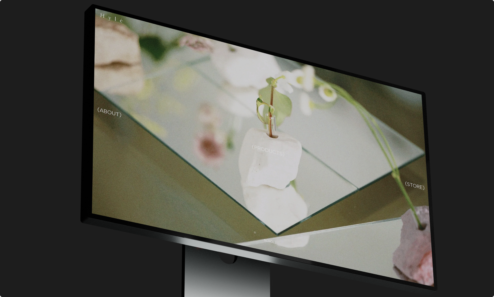 ブランドの世界観を映したWebサイトを表示するモニターのイメージ。(Studioで制作可能な洗練されたデザイン例)