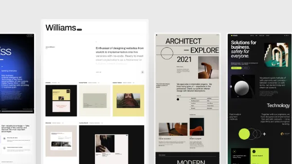 サンプル画像：Studio Storeのテンプレート例。ビジネス、ポートフォリオ、建築デザイン、テクノロジー系など複数のページが並んで表示されている。