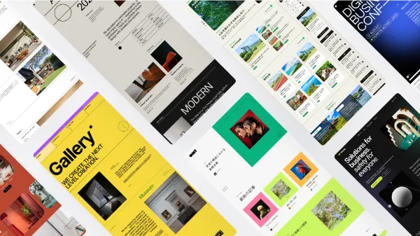 サンプル画像：Studioで利用できるテンプレートのスクリーンショット。8枚のテンプレートが画面上に違い違いとなって敷き詰められている。