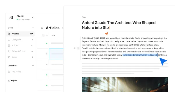 サンプル画像：記事一覧画面の上に、記事詳細画面が重なって配置されている。一覧画面には複数の記事が並び、各記事のステータスやタイトルを確認できる。詳細画面には記事のタイトル・本文とその上にオレンジ色と青色の矢印が重なって表示され、編集中であることを示している。