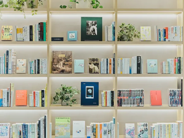  ALTはじまり：温かい光に照らされた、書籍と観葉植物が並ぶ共創LOUNGEの本棚。ALTおわり