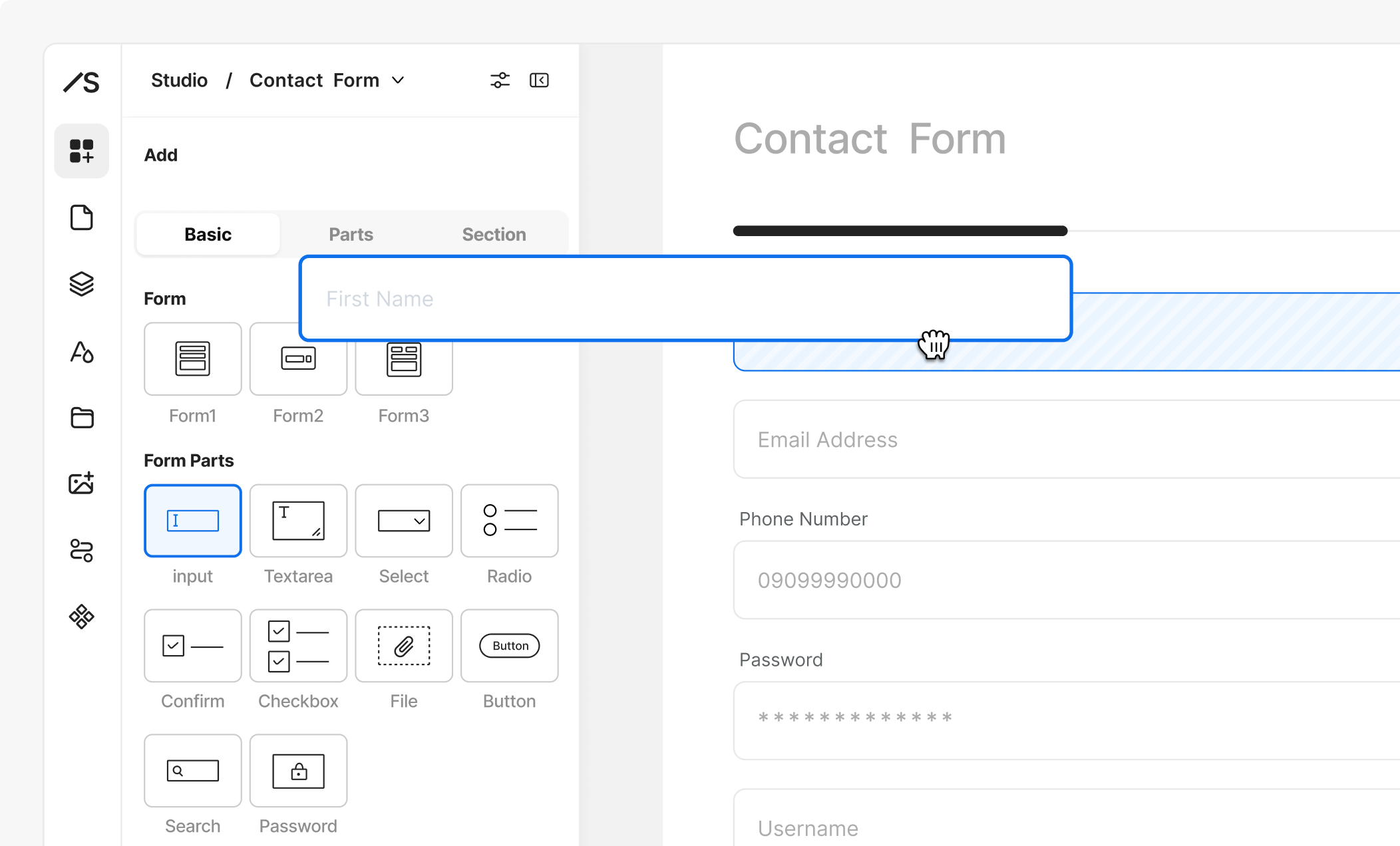 サンプル画像：画面の左側にはフォームを構成する複数のパーツが並ぶ追加パネルが、右側には制作中のフォームが配置されている。中央には青枠で囲まれたパーツ「input」と手のアイコンが重なって表示されており、追加パネルから編集中のフォームへ、項目をドラッグして追加する様子を示している。