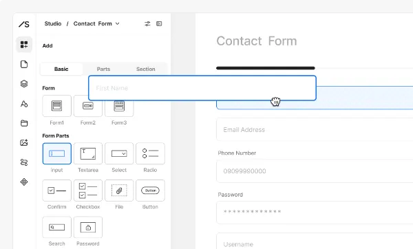 サンプル画像：画面の左側にはフォームを構成する複数のパーツが並ぶ追加パネルが、右側には制作中のフォームが配置されている。中央には青枠で囲まれたパーツ「input」と手のアイコンが重なって表示されており、追加パネルから編集中のフォームへ、項目をドラッグして追加する様子を示している。