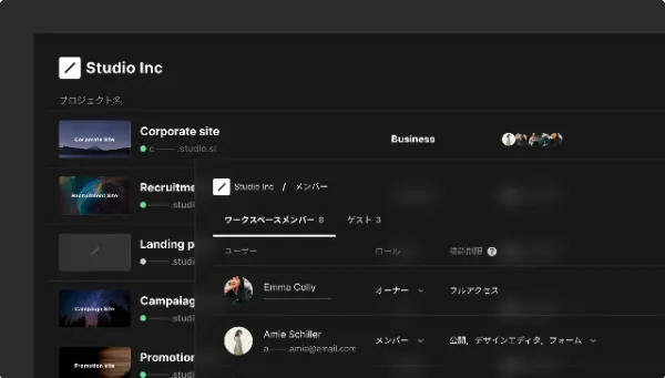 Studioワークスペース管理画面で、参加メンバーのプロジェクトアクセス権限を管理している様子。