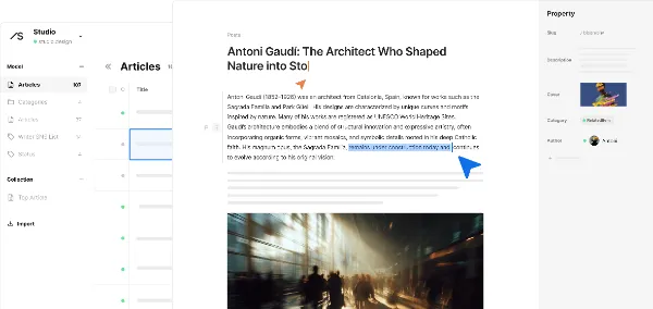 サンプル画像：記事一覧画面の上に、記事詳細画面が重なって配置されている。一覧画面には複数の記事が並び、各記事のステータスやタイトルを確認できる。詳細画面には記事のタイトル・本文とその上にオレンジ色と青色の矢印が重なって表示され、編集中であることを示している。