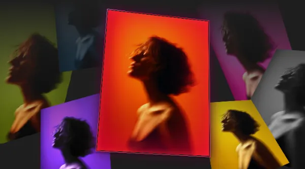 サンプル画像：黒い背景の上に複数の画像が浮かび上がるように並んでいる。赤みがかったオレンジ色の背景に横向きの人物シルエットが映された画像が中央手前に配置され、その奥で同じ構成・異なる色味の写真が放射状に並んでいる。