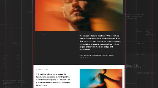 サンプル画像：黒い画面の中央にWebサイトのデザインが配置され、その背景に赤いガイドラインやレスポンシブ時のレイアウト例が薄く表示されている。Webサイトはオレンジ色基調の人物写真や英文で構成されている。