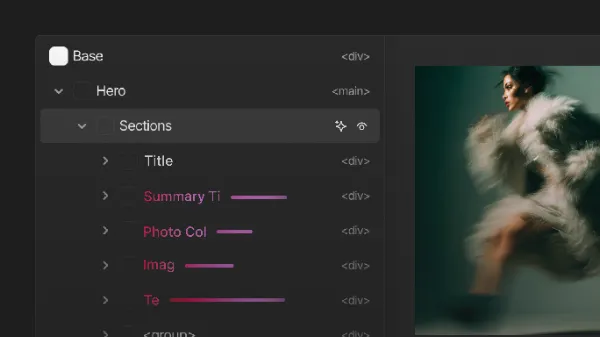 サンプル画像：デザインエディタ画面の切り取り。左側にレイヤーパネル、右側に人物写真が並ぶ。レイヤーパネルの中には階層構造を示すレイヤー名が縦に並んでおり、リネーム中のレイヤーはピンク色のテキストと細長い線で強調して表示されている。