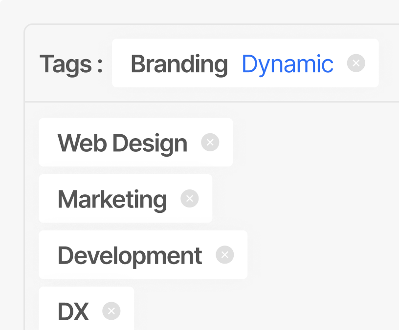 サンプル画像：灰色のパネル上で、絞り込み設定を行う様子。上段は「Tags:」の横に選択中のタグ「Branding Dynamic」が横並びで表示されている。その下に「Web Design」「Marketing」「Development」「DX」などのタグが縦積みで並ぶ。