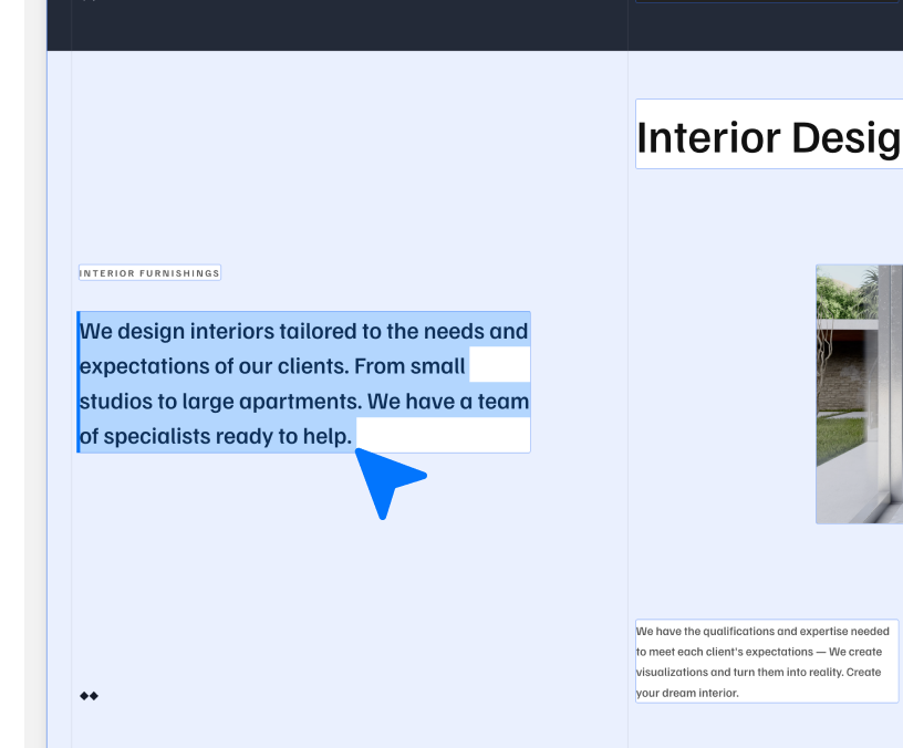 サンプル画像：デザインエディタでテキストの編集を行う様子。ページは複数のテキストと画像で構成され、それ以外の背景部分には編集不可であることを示す薄い青色が重なっている。青い矢印がテキストの一部に重なっており、編集中であることを示している。