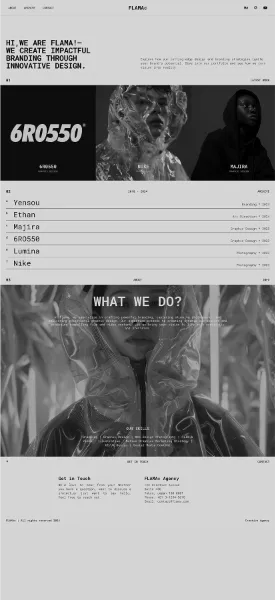テンプレートのスクリーンショット。モノクロ調の洗練されたコーポレートサイトで、細身で機械的なフォントと、写真を大きく扱うレイアウトが特徴的。