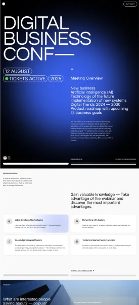 テンプレートのスクリーンショット。黒と青を基調にしたファーストビューが印象的なカンファレンスサイト。グリッドを用いたレイアウトで各イベント情報を紹介している。