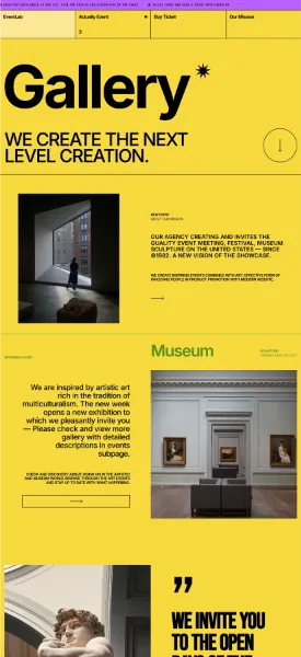 テンプレートのスクリーンショット。鮮やかな黄色を基調としたイベントサイト。太字のタイポグラフィや画像を大きく配置するレイアウトで、アートや展示会の情報を印象的に伝えている。