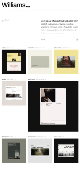 テンプレートのスクリーンショット。白と黒を基調としたたポートフォリオサイト。大小様々なボックスの上に写真を配置したレイアウトで、各事例を紹介している。