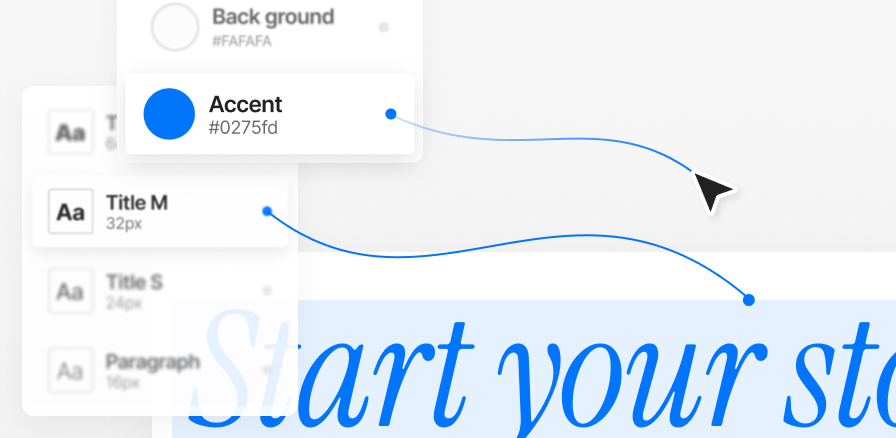 サンプル画像：デザインエディタの一部の切り取り。画面左にはカラー設定パネルとテキストスタイルパネルが並んでいる。その下には「Start your story」と記載されたテキストボックスが表示されており、スタイルパネルで選択したスタイルが青い曲線で紐づけられている。
