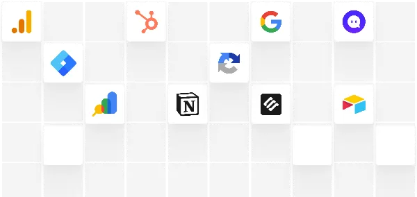サンプル画像：白とグレーの格子柄の背景に、外部ツールを示す複数の正方形が並ぶ。それぞれの正方形の中央にはHubSpot、Google、Notion、Airtableなどのロゴが配置されている。