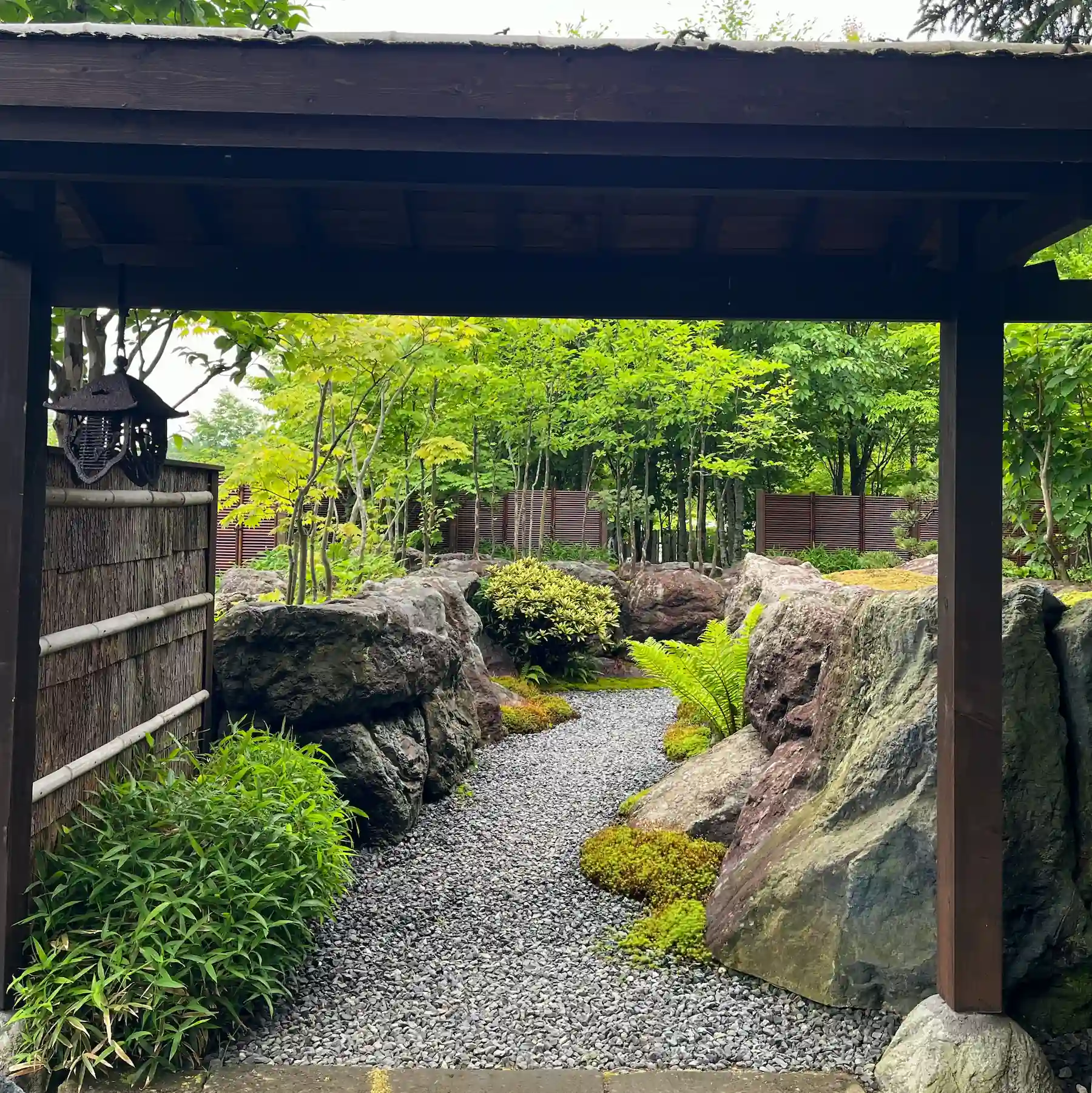 福住造園の庭木流通センターの、見本のビオガーデンや、苔を使った和風庭園、他にもアオダモやアオハダ、松やツツジやコニファーなど大小様々な植木を販売している植木売り場の様子。