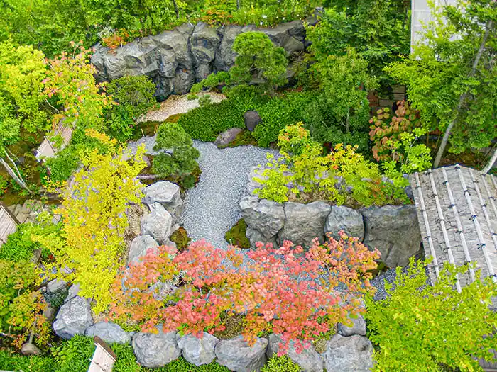 砂利の通路を囲むように巨石とモミジ、松が配置された、上空から見た庭園のパノラマ写真。