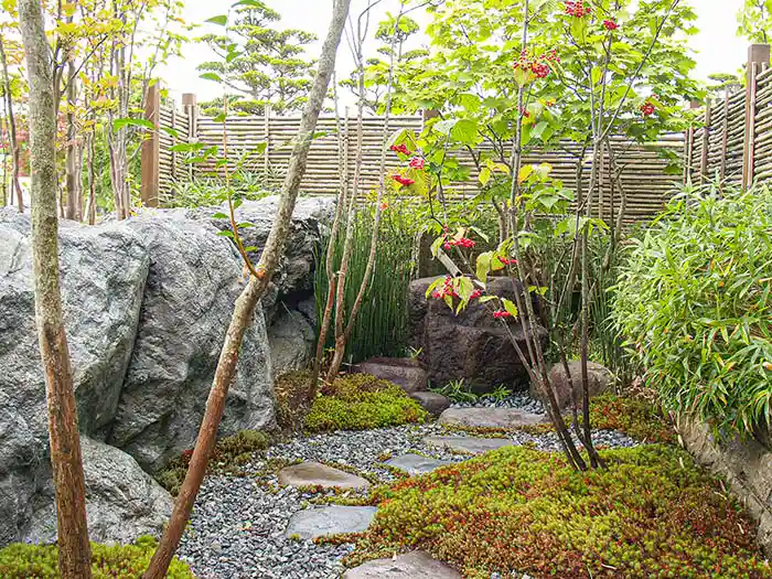 砂利の中に配置された歩きやすい飛び石と、苔の緑、赤い実をつけた植物が調和する小径。