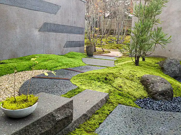 佐官壁に沿って続く石畳の道。苔の柔らかな起伏と、配置された石、モダンな壁面のデザインが現代的な和の空間を演出している。