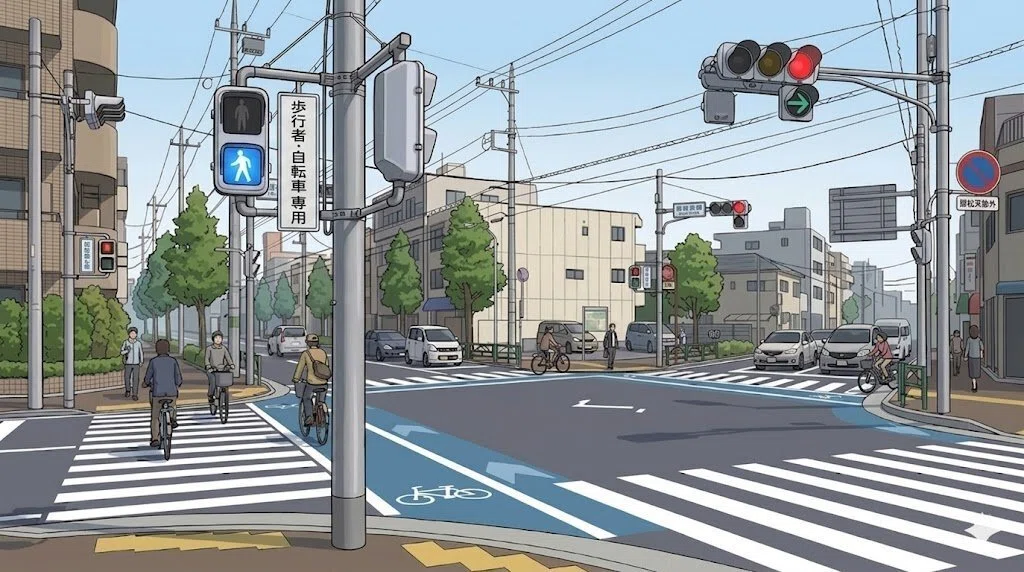 歩行者・自転車が道路を渡っている様子のイラスト