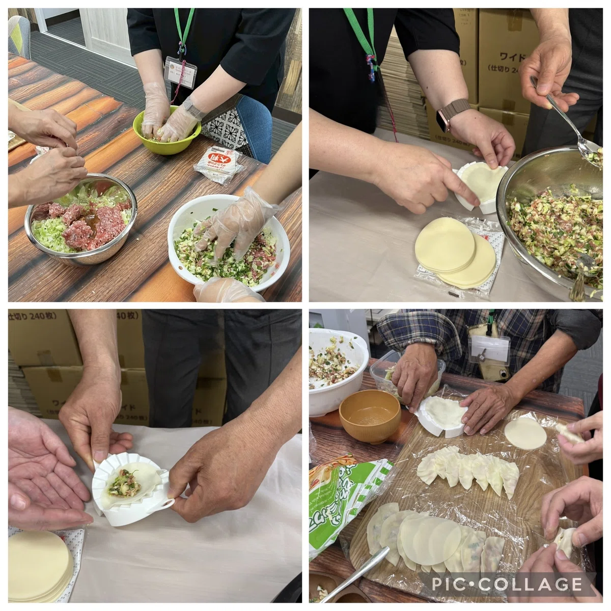 みんなで餃子を包んでいる様子の画像